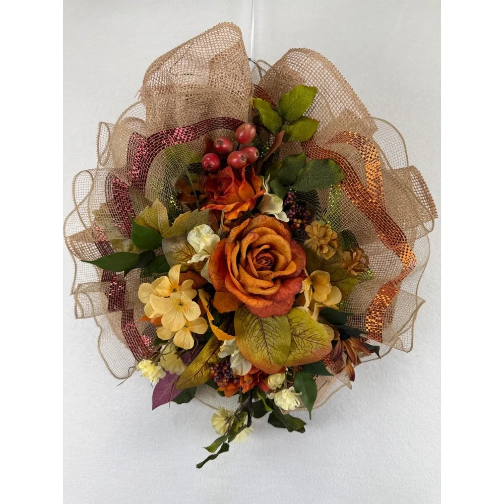 Handmade Fall Floral Wreath Orange Rose Burlap Deco Mesh Autumn Front Door Decor